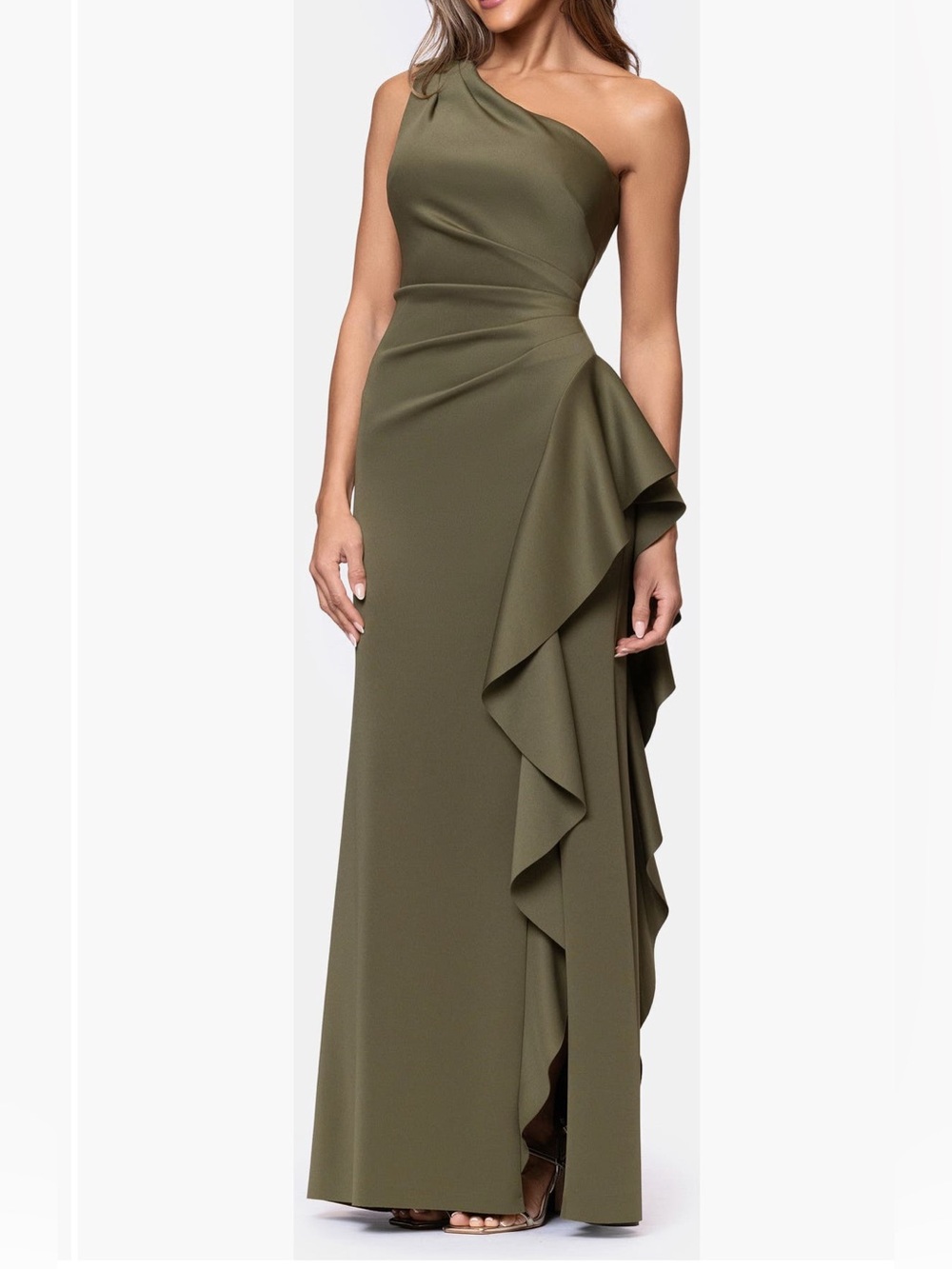 Xscape One Shoulder Ruffle Scuba Crepe Gown. Size 8 Women #526